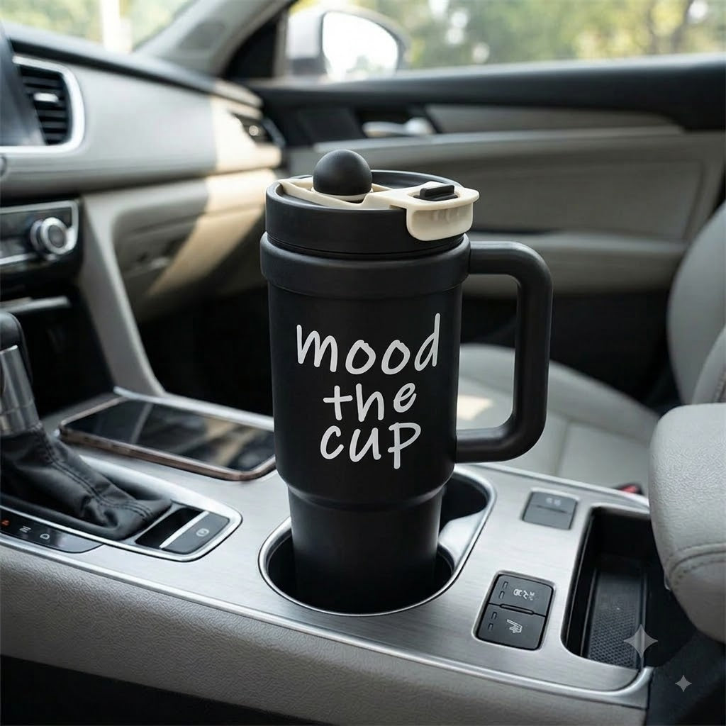 Black stainless steel water tumbler bottle with Mood the Cup design-5