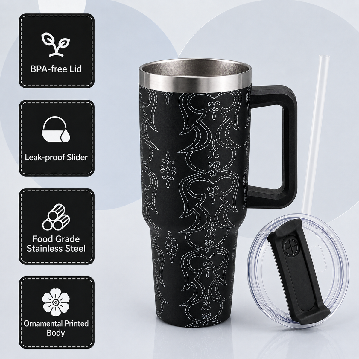 Black stainless steel water tumbler bottle with pattern design-1