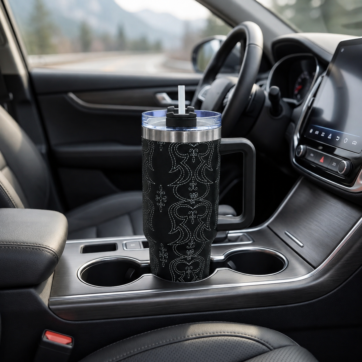 Black stainless steel water tumbler bottle with pattern design-3