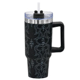 Black stainless steel water tumbler bottle with pattern design