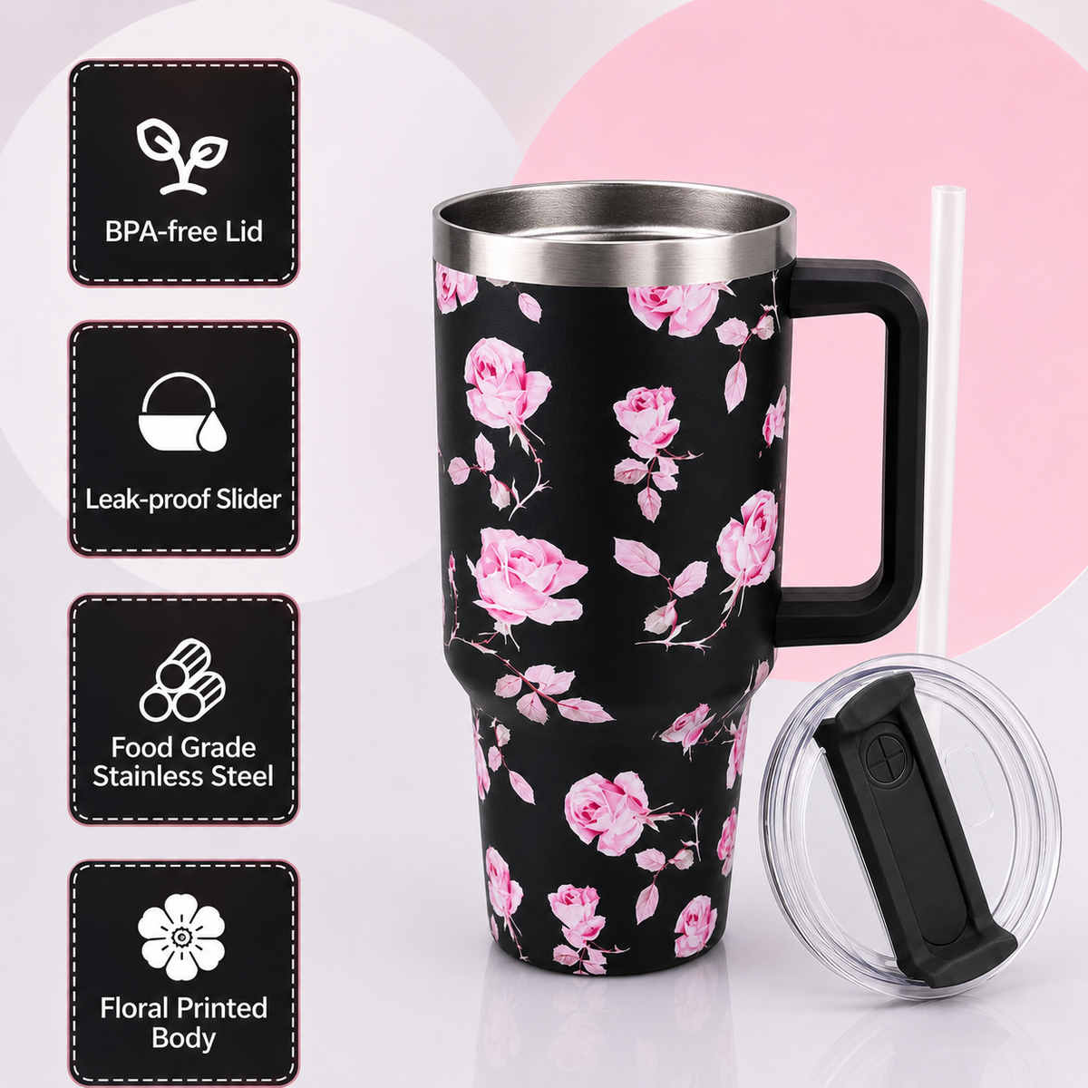 Black stainless steel water tumbler bottle with pink rose design-1