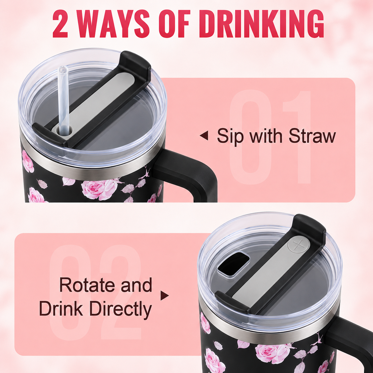 Black stainless steel water tumbler bottle with pink rose design-2
