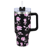 Black stainless steel water tumbler bottle with pink rose design
