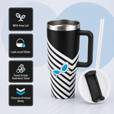 Black stainless steel water tumbler bottle with striped butterfly design-1
