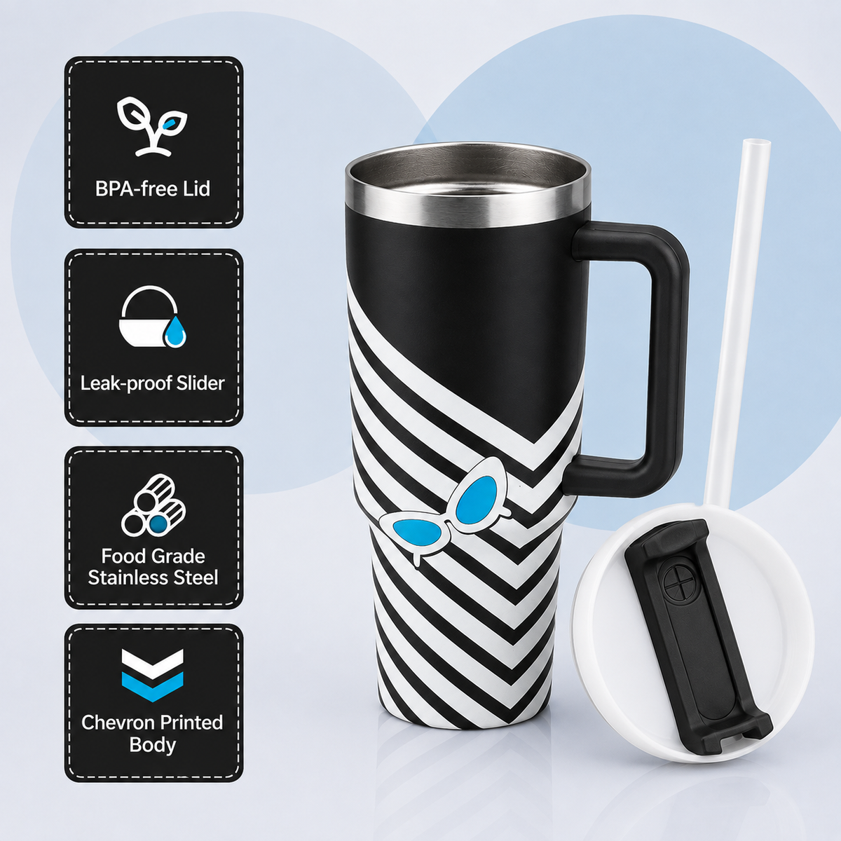 Black stainless steel water tumbler bottle with striped butterfly design-1