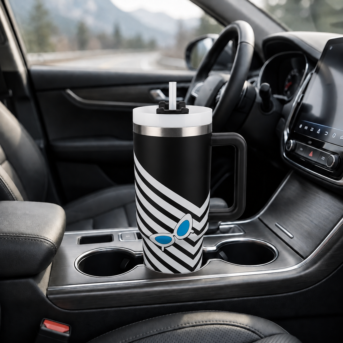 Black stainless steel water tumbler bottle with striped butterfly design-3