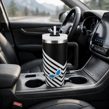 Black stainless steel water tumbler bottle with striped butterfly design-3