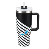 Black stainless steel water tumbler bottle with striped butterfly design