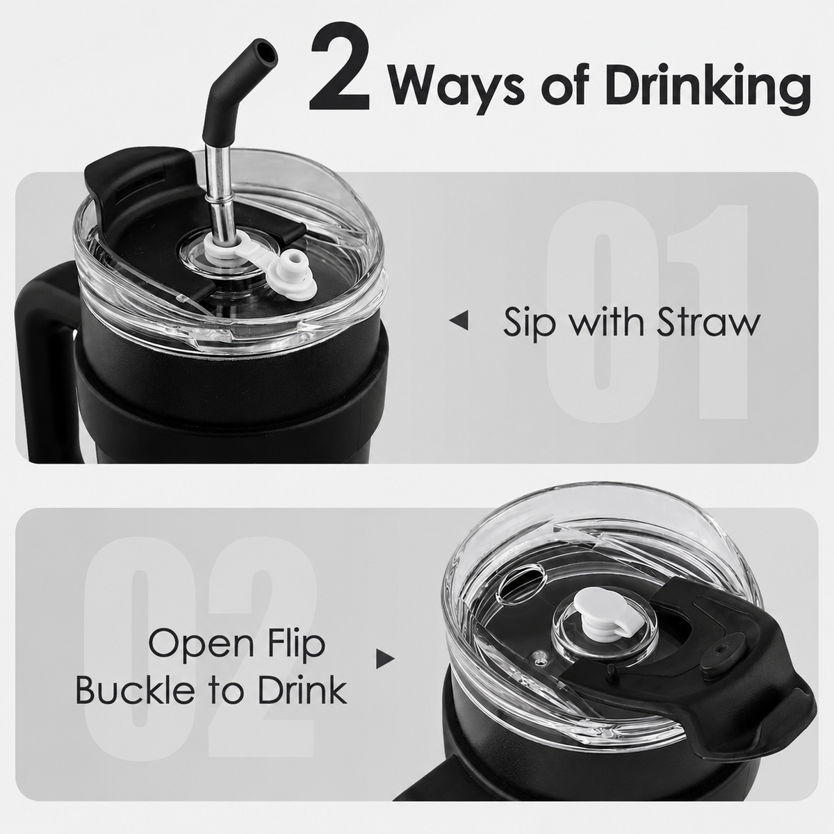 Black and white gradient insulated travel tumbler with handle, clear lid and reusable straw-4