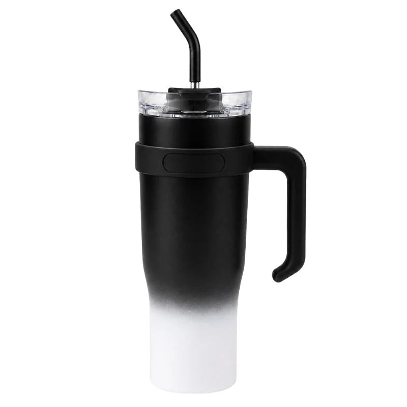 Black and white gradient insulated travel tumbler with handle, clear lid and reusable straw-4