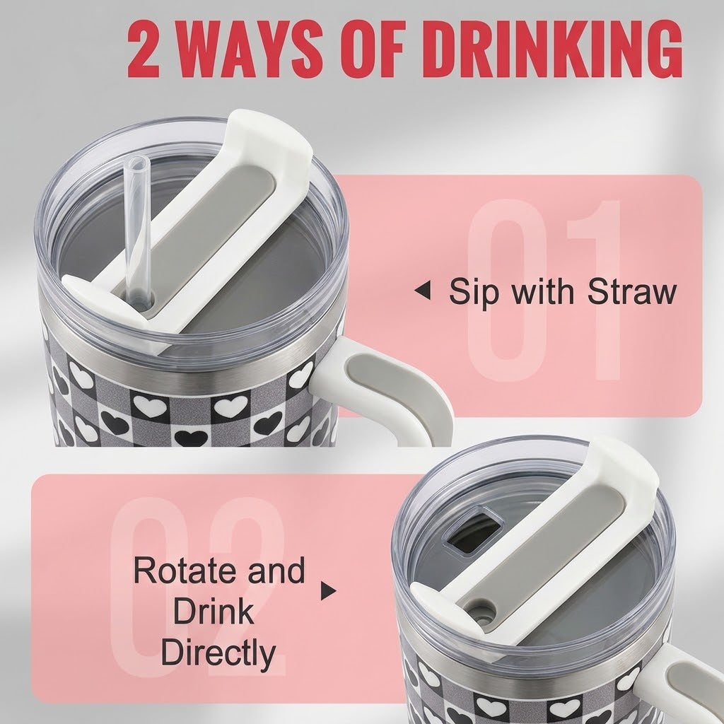 Black and white stainless steel water tumbler bottle with checkered heart design-2