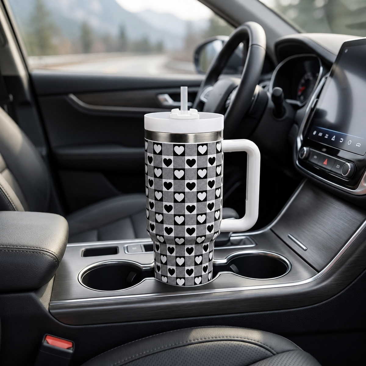 Black and white stainless steel water tumbler bottle with checkered heart design-3