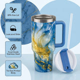 Blue stainless steel water tumbler bottle with gold marble design-1