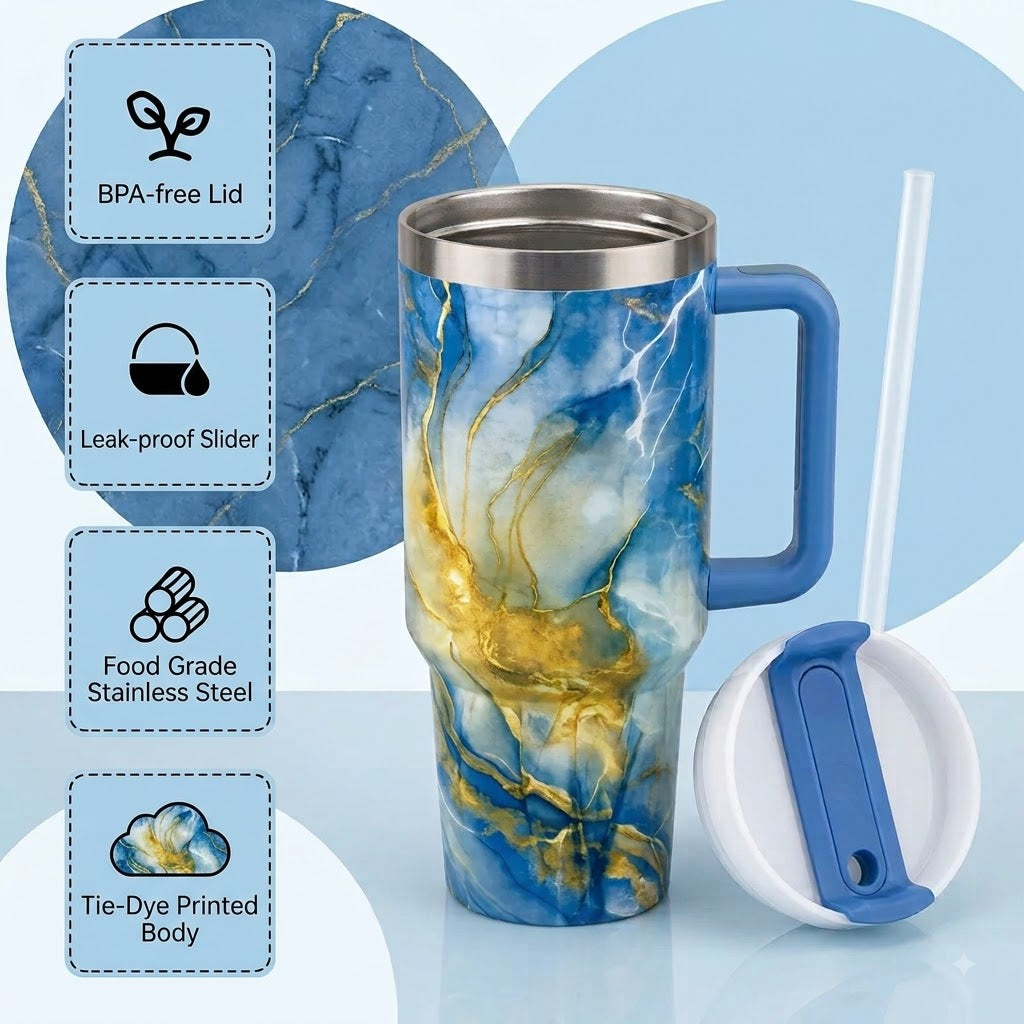 Blue stainless steel water tumbler bottle with gold marble design-1