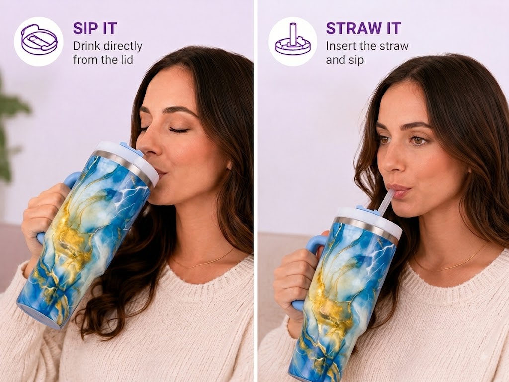 Blue stainless steel water tumbler bottle with gold marble design-2