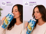 Blue stainless steel water tumbler bottle with gold marble design-2