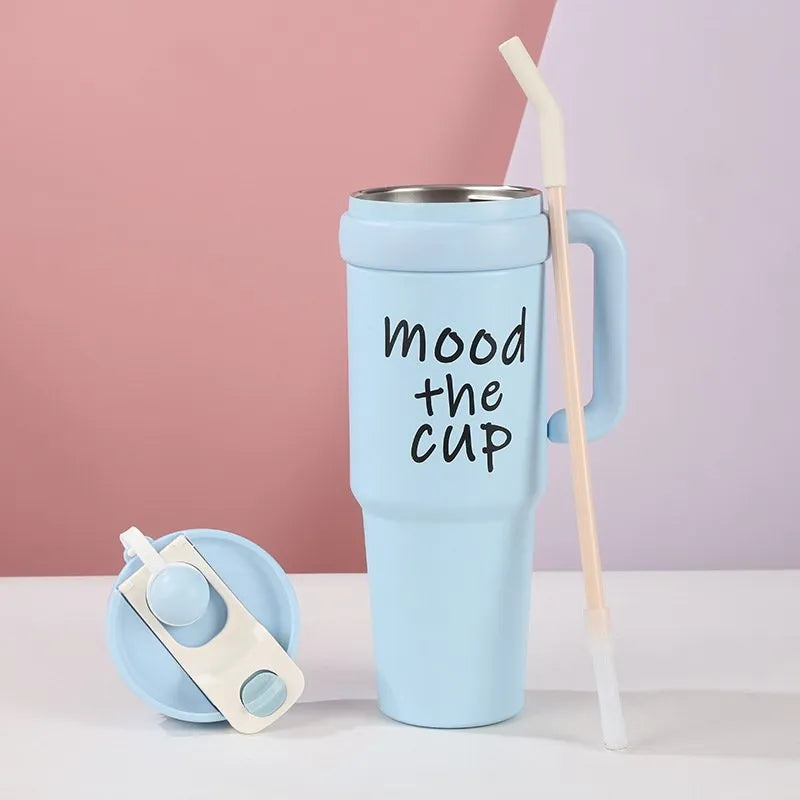 Blue stainless steel water tumbler bottle with Mood the Cup design-1