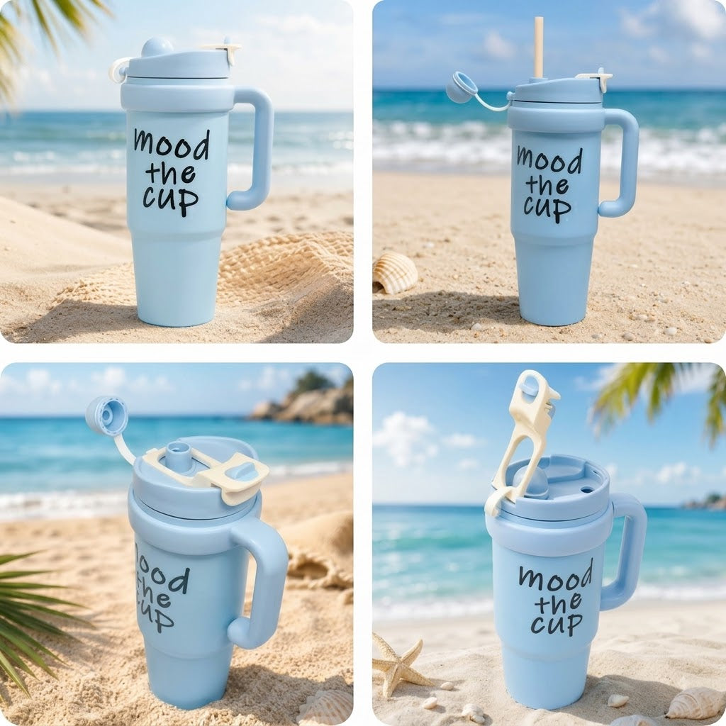 Blue stainless steel water tumbler bottle with Mood the Cup design-2
