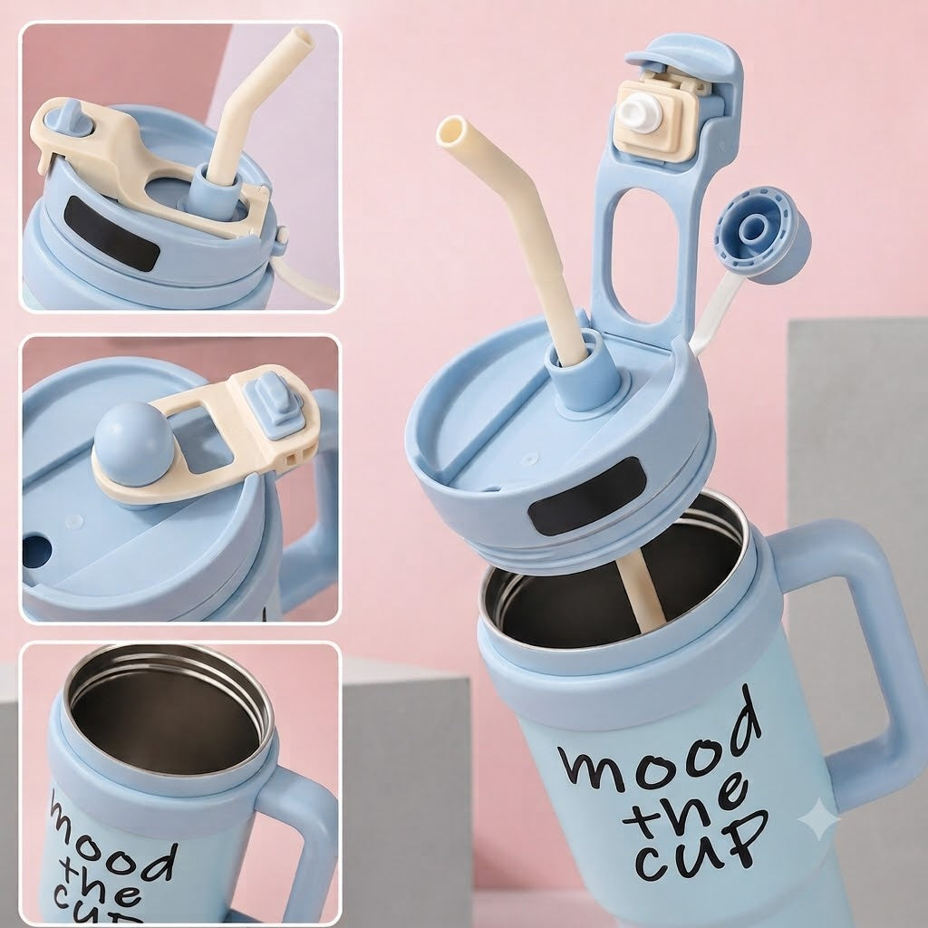 Blue stainless steel water tumbler bottle with Mood the Cup design-3