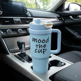 Blue stainless steel water tumbler bottle with Mood the Cup design-4