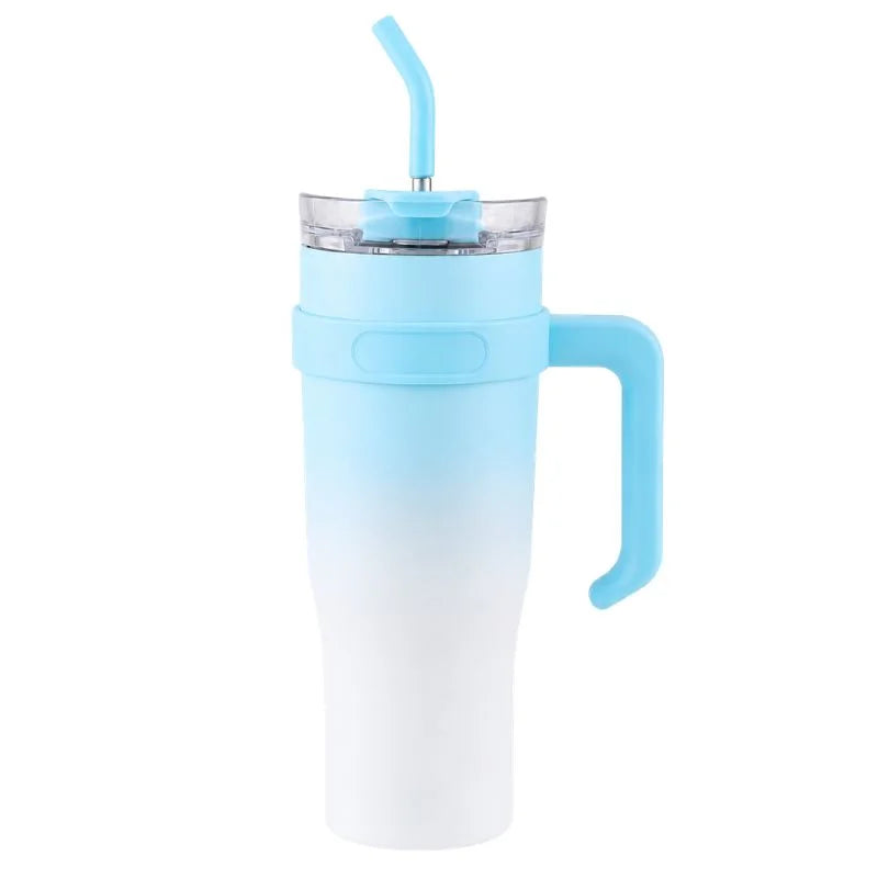 Blue and white gradient insulated travel tumbler with handle, clear lid and reusable straw-1
