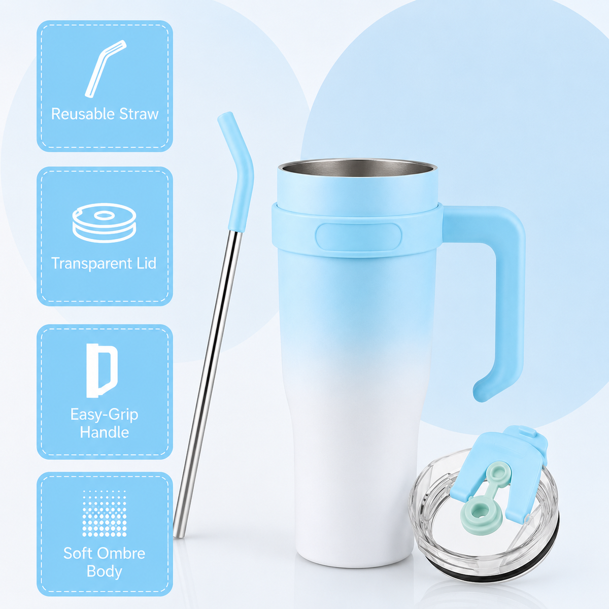 Blue and white gradient insulated travel tumbler with handle, clear lid and reusable straw-2