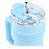Blue and white gradient insulated travel tumbler with handle, clear lid and reusable straw-4