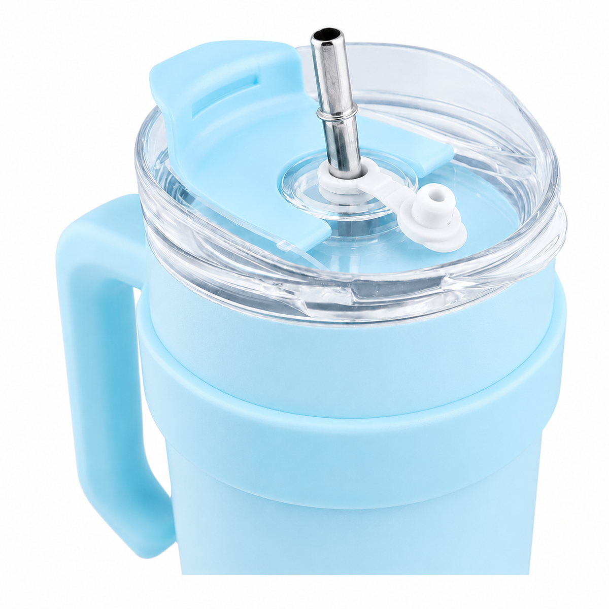 Blue and white gradient insulated travel tumbler with handle, clear lid and reusable straw-4