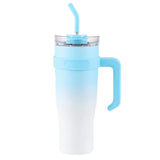 Blue and white gradient insulated travel tumbler with handle, clear lid and reusable straw-4