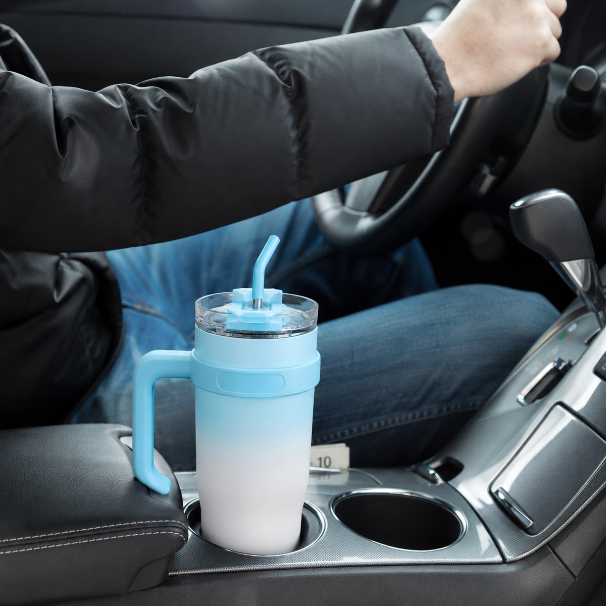 Blue and white gradient insulated travel tumbler with handle, clear lid and reusable straw-5