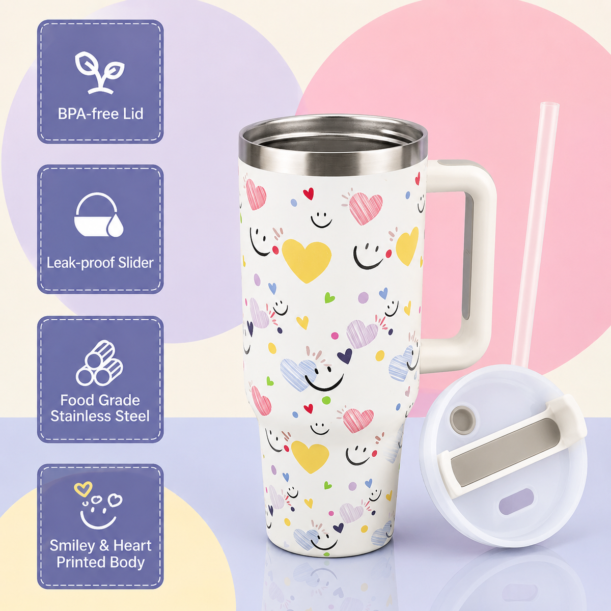 Cream stainless steel water tumbler bottle with hearts and smiley design-2