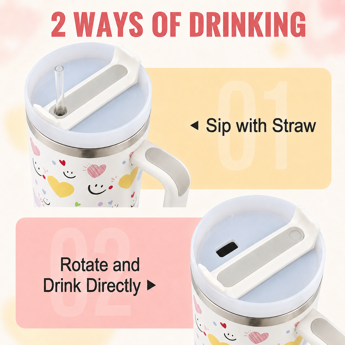 Cream stainless steel water tumbler bottle with hearts and smiley design-3