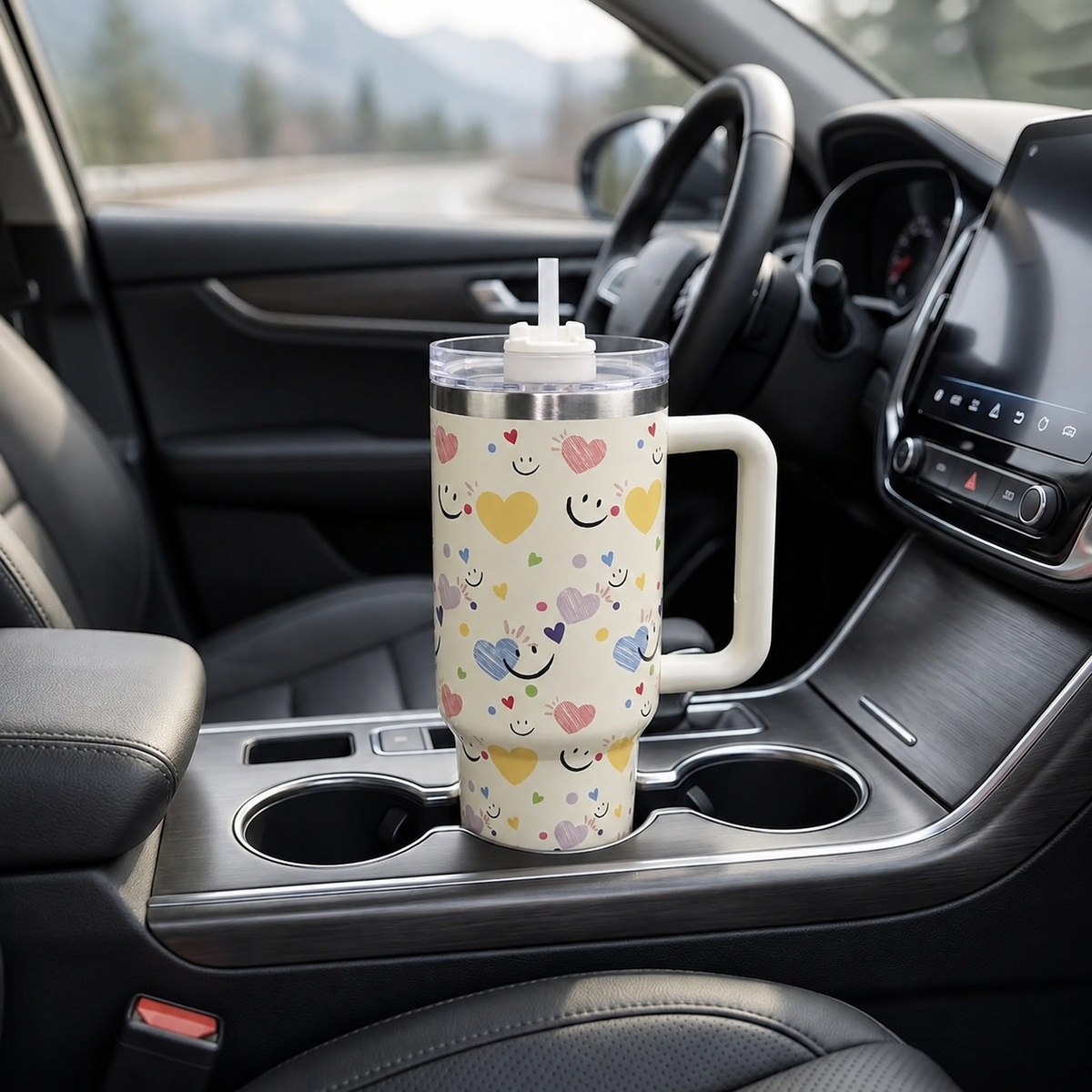 Cream stainless steel water tumbler bottle with hearts and smiley design-4