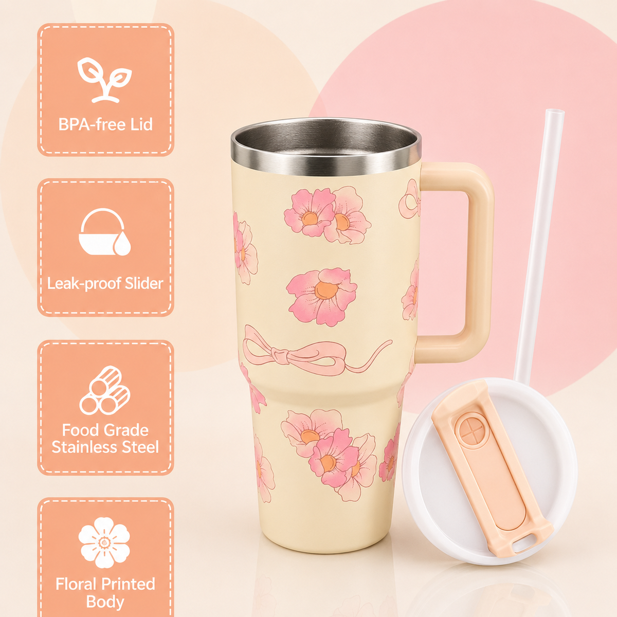 Cream stainless steel water tumbler bottle with pink flower design-1