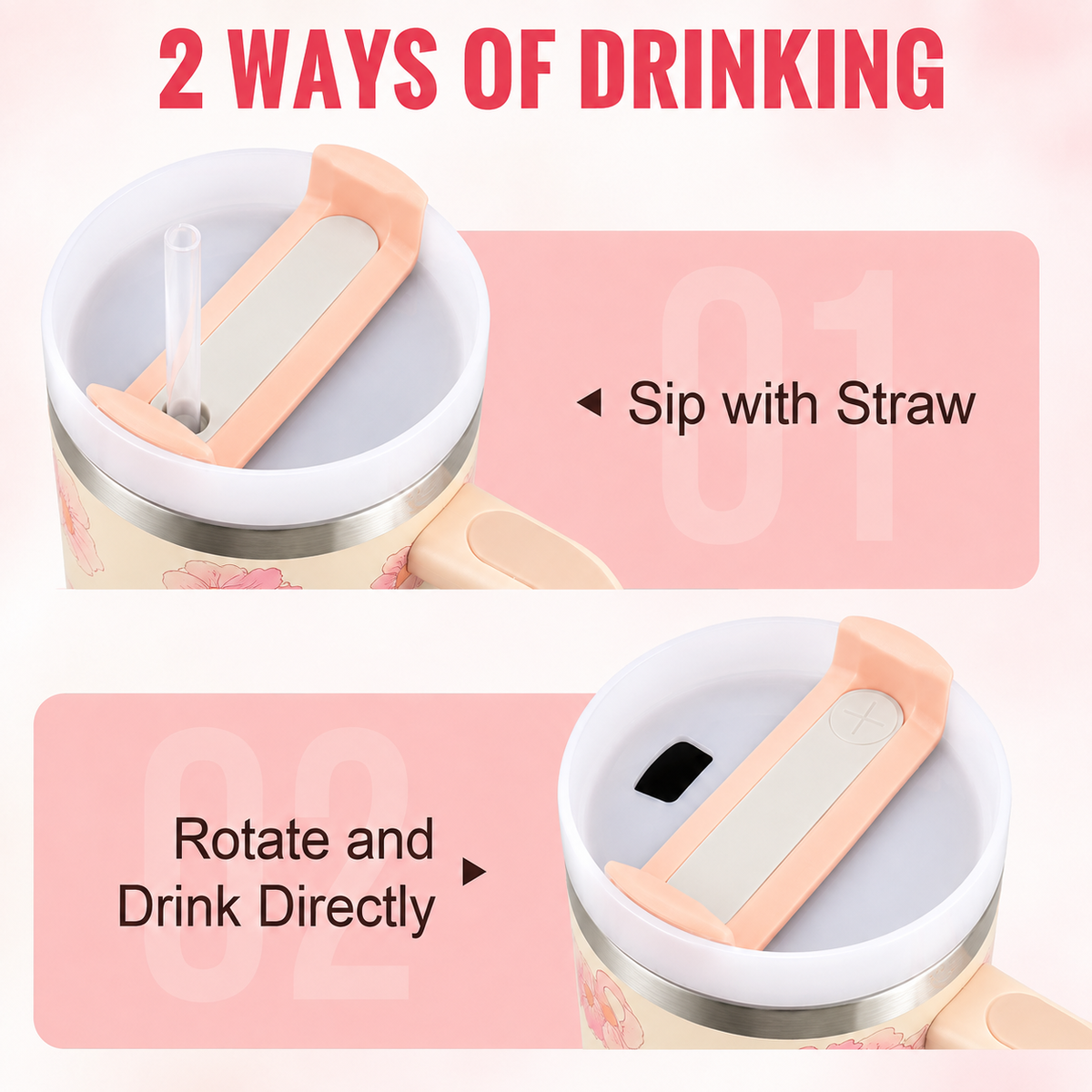 Cream stainless steel water tumbler bottle with pink flower design-2