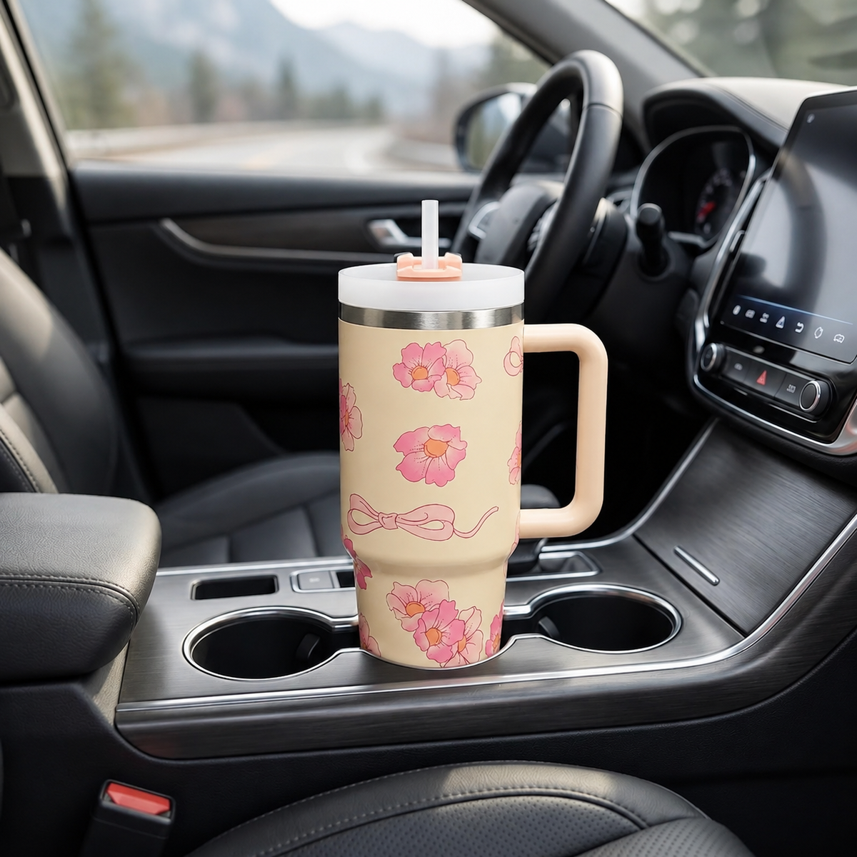 Cream stainless steel water tumbler bottle with pink flower design-3