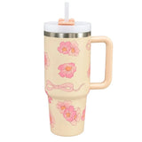 Cream stainless steel water tumbler bottle with pink flower design