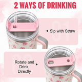 Cream stainless steel water tumbler bottle with pink rose design-1
