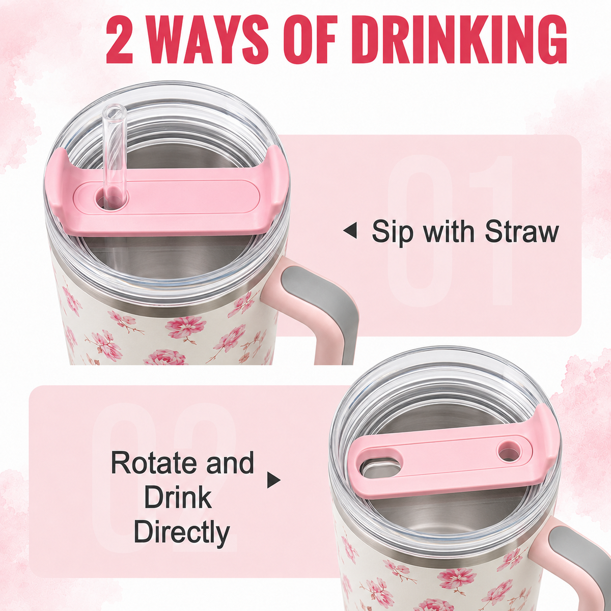 Cream stainless steel water tumbler bottle with pink rose design-1