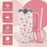 Cream stainless steel water tumbler bottle with pink rose design-2