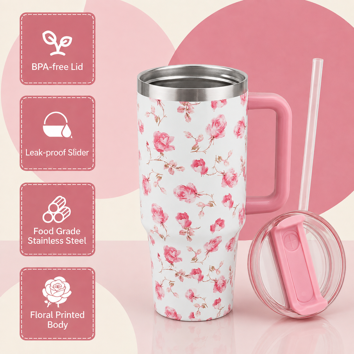 Cream stainless steel water tumbler bottle with pink rose design-2