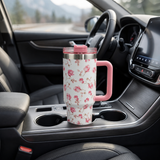 Cream stainless steel water tumbler bottle with pink rose design-3