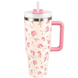 Cream stainless steel water tumbler bottle with pink rose design