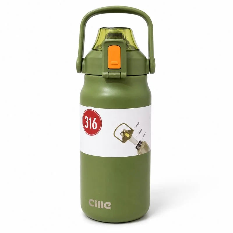 Green stainless steel insulated water bottle with carry handle and leakproof lid