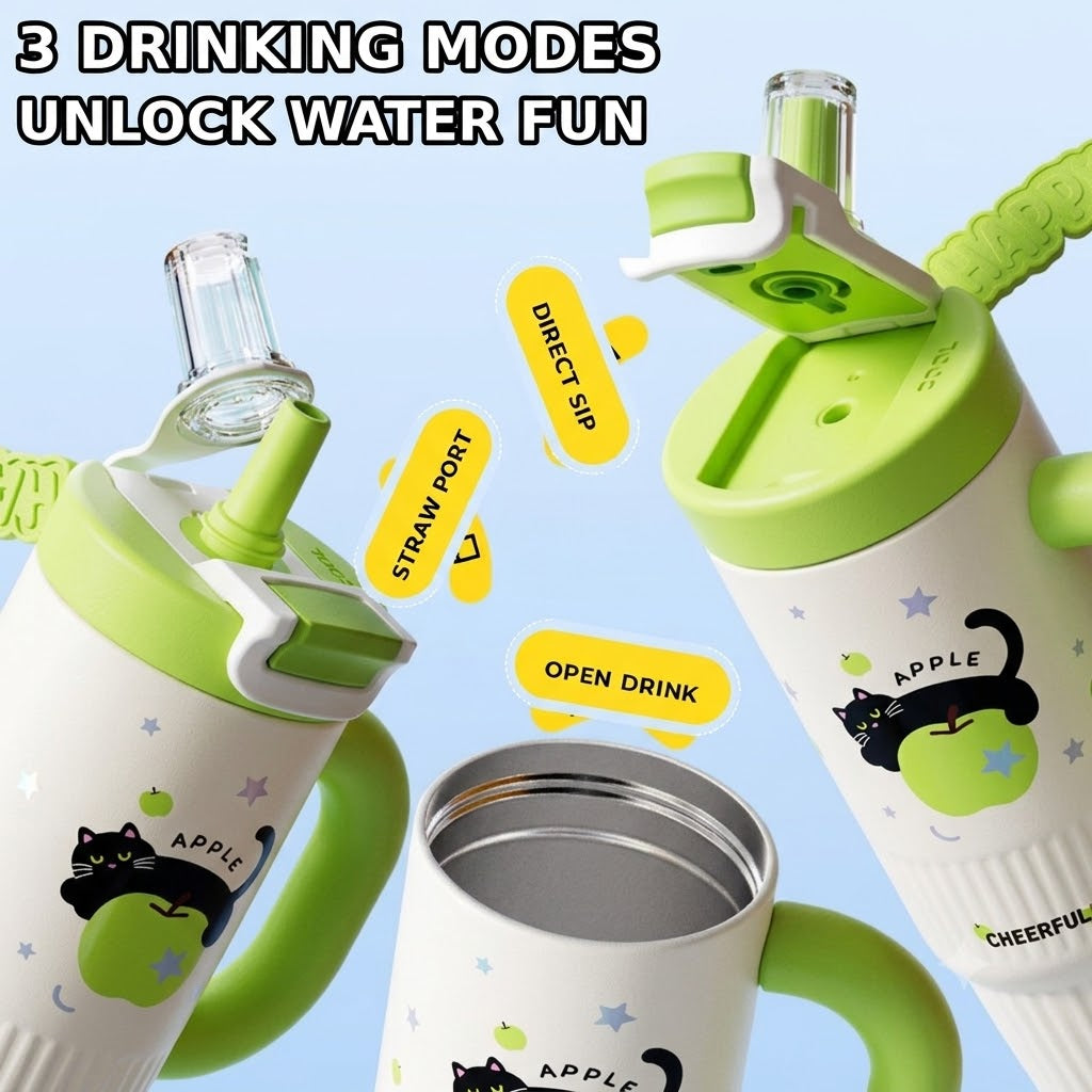 Green stainless steel water tumbler bottle with cat design-1