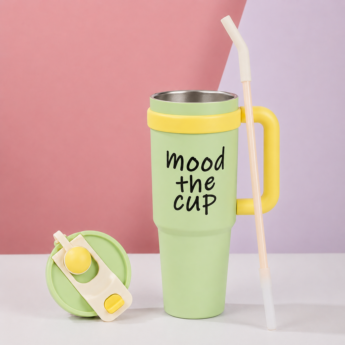 Green stainless steel water tumbler bottle with Mood the Cup design-1
