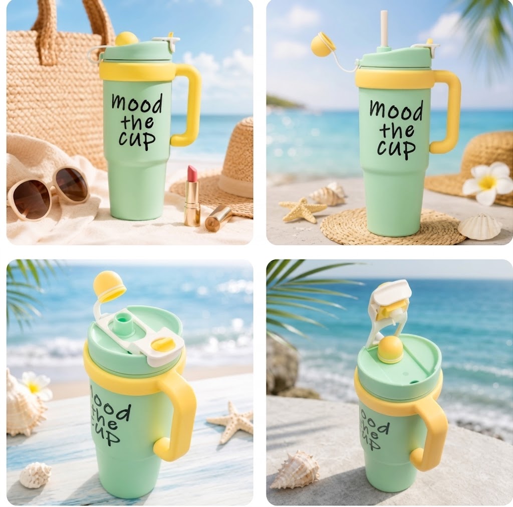 Green stainless steel water tumbler bottle with Mood the Cup design-2