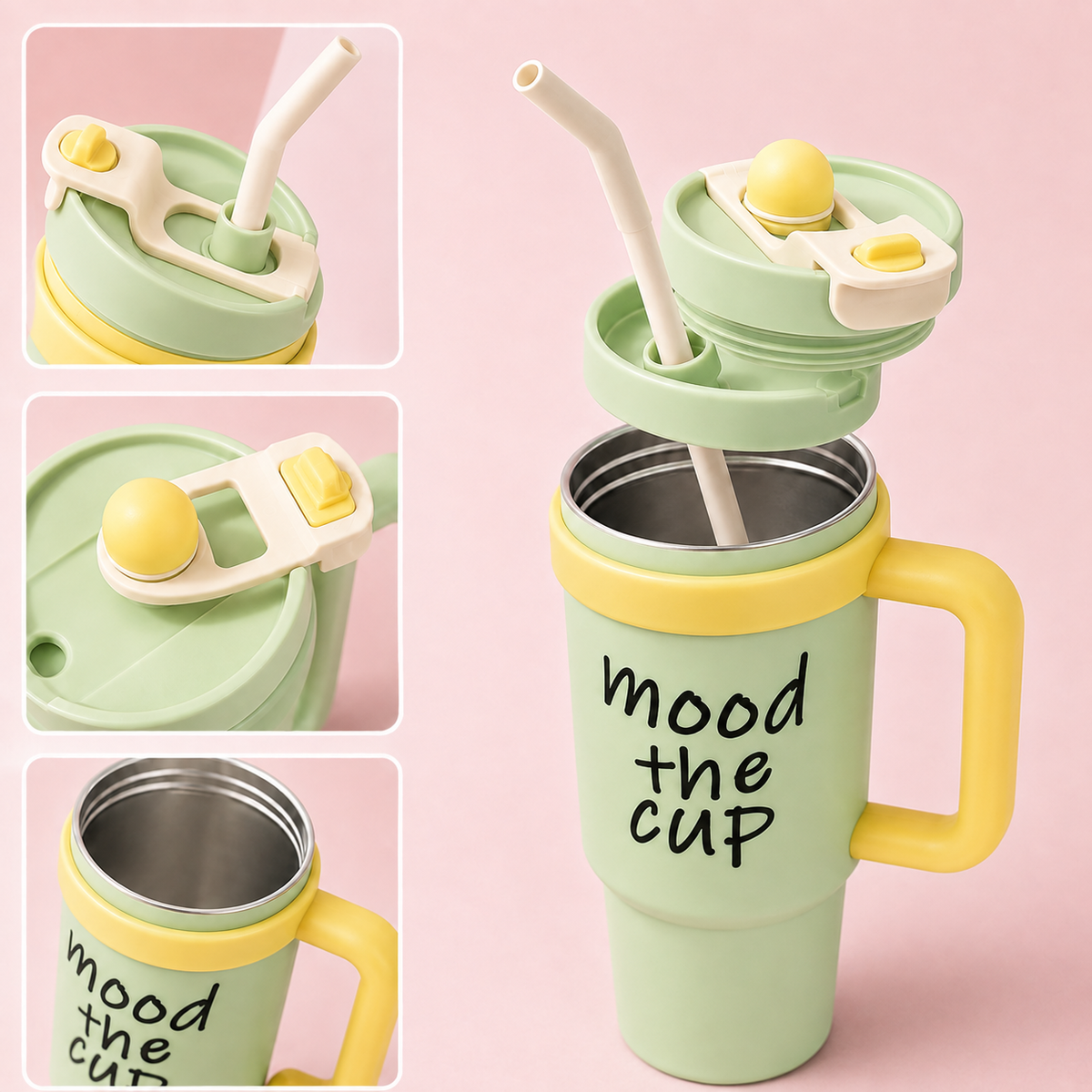 Green stainless steel water tumbler bottle with Mood the Cup design-3