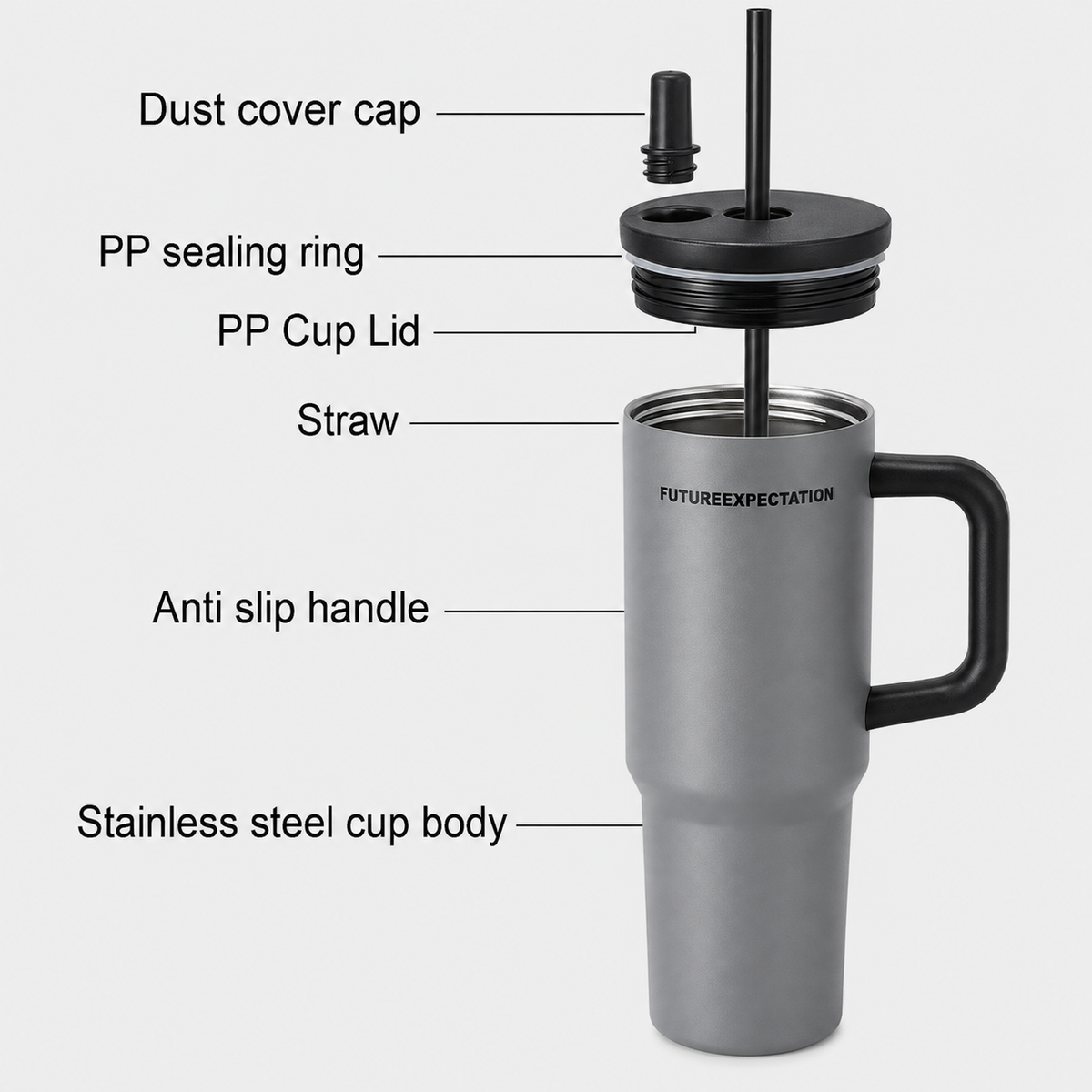 Grey stainless steel water tumbler bottle with handle and straw-1