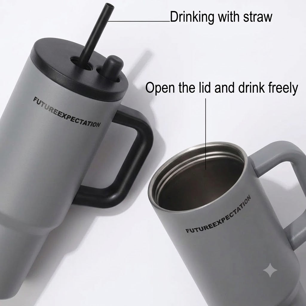 Grey stainless steel water tumbler bottle with handle and straw-2